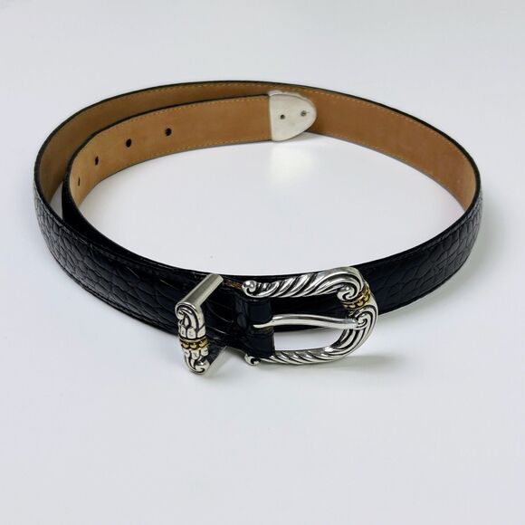 Brighton Leather Black Belt Croc Embossed Western Silver Gold Buckle sz ML 32 - Picture 1 of 10